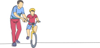 Single continuous line drawing of young kids boy learning ride bicycle with father at outdoor park. Parenthood lesson. Family time concept. Trendy one line draw design illustration graphic png