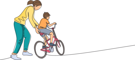 uno singolo linea disegno di giovane madre insegnamento sua figlio equitazione bicicletta a pubblico parco grafico illustrazione. maternità lezione. urbano famiglia tempo concetto. moderno continuo linea disegnare design png