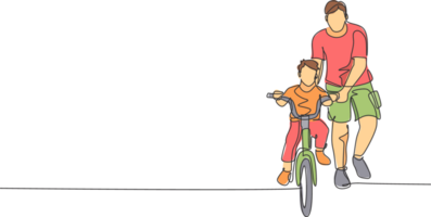 One continuous line drawing of young father help his boy kid learning to ride a bicycle at countryside together. Parenthood lesson concept. Dynamic single line draw design illustration graphic png