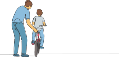 einer Single Linie Zeichnung von jung Vater Lehren seine Sohn Reiten Fahrrad beim Öffentlichkeit Park Grafik Illustration. Vaterschaft Lektion. städtisch Familie Zeit Konzept. modern kontinuierlich Linie zeichnen Design png