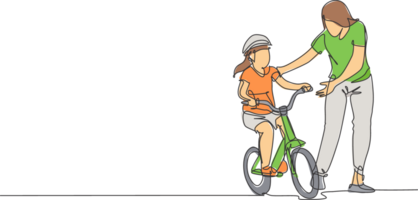 Single continuous line drawing of young kids girl learning ride bicycle with mother at outdoor park. Parenthood lesson. Family time concept. Trendy one line draw design illustration graphic png