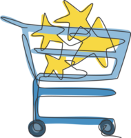 One continuous line drawing of stars toys inside shopping trolley. Sale market concept. Dynamic single line draw design graphic illustration png