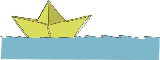 uno continuo linea disegno di carta barca andare in barca su il acqua fiume. origami mestiere concetto. dinamico singolo linea disegnare design grafico illustrazione png