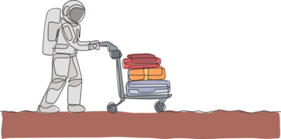 Single continuous line drawing of young astronaut pushing luggage trolley with bags and suitcase in moon surface. Cosmonaut outer space concept. Trendy one line draw graphic design illustration png