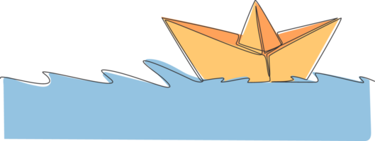 Célibataire continu ligne dessin de papier bateau voile sur le l'eau rivière. origami jouet concept. branché un ligne dessiner conception graphique illustration png