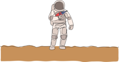 One single line drawing of young astronaut holding space laser gun, prepare to war in moon surface graphic illustration. Cosmonaut deep space concept. Modern continuous line draw design png