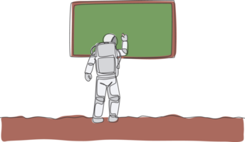 One single line drawing of young astronaut writing on whiteboard to teach some students in moon surface graphic illustration. Cosmonaut deep space concept. Modern continuous line draw design png