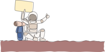 Single continuous line drawing of astronaut hitchhiker holding paper board while waiting for ride in moon surface road. Cosmonaut outer space concept. Trendy one line draw design illustration png