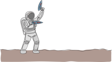 One continuous line drawing of young astronaut shoot using space laser gun to kill enemy in moon surface. Cosmic galaxy space concept. Dynamic single line draw graphic design illustration png