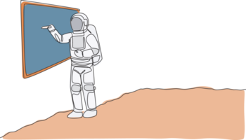 uno continuo linea disegno di giovane astronauta spiegando formula e scrittura su lavagna nel Luna superficie. cosmico galassia spazio concetto. dinamico singolo linea disegnare grafico design illustrazione png