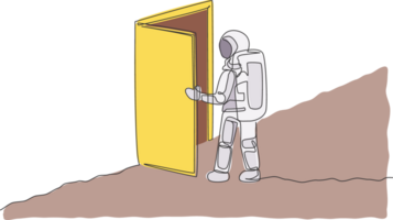 Single continuous line drawing of astronaut entering open door gate into new dimension in moon surface. Cosmonaut outer space concept. Trendy one line draw design illustration graphic png