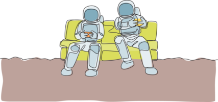 One single line drawing two young happy astronauts siting on sofa and playing video game in moon surface graphic illustration. Cosmonaut outer space concept. Modern continuous line draw design png