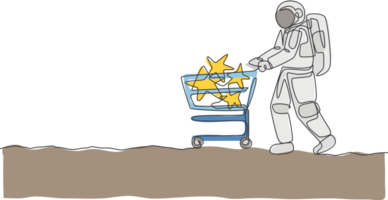 One continuous line drawing of young astronaut pushing trolley with stars inside and buying toy in supermarket. Cosmic galaxy space concept. Dynamic single line draw design graphic illustration png