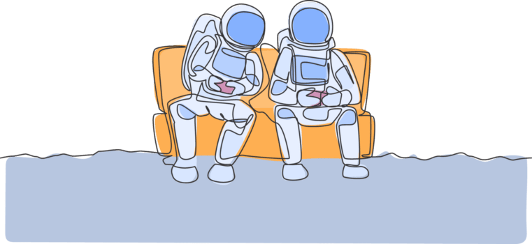 ett enda linje teckning två ung Lycklig astronauter lokaliserings på soffa och spelar video spel i måne yta grafisk illustration. kosmonaut yttre Plats begrepp. modern kontinuerlig linje dra design png
