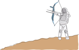 One continuous line drawing of young astronaut focus aiming archery into target in moon surface. Cosmic galaxy space concept. Dynamic single line draw design graphic illustration png