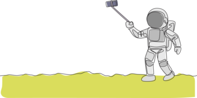 One continuous line drawing of young happy astronaut doing selfie shot in moon surface with smartphone. Space man deep space concept. Dynamic single line draw graphic design illustration png