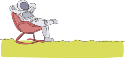 One continuous line drawing of young happy astronaut sleeping relax on reclining chair in moon surface. Space man deep space concept. Dynamic single line draw design graphic illustration png