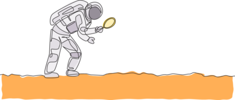 One continuous line drawing of young astronaut holding magnifier and search for foot trace in moon surface. Cosmic galaxy space concept. Dynamic single line draw graphic design illustration png