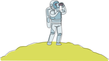 uno soltero línea dibujo de joven contento astronauta disfrutando a ver paisaje utilizando binocular en Luna superficie gráfico ilustración. cosmonauta exterior espacio concepto. moderno continuo línea dibujar diseño png