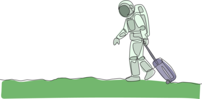 Single continuous line drawing young astronaut pulling suitcase while walking out from airport in moon surface. Space man cosmic galaxy concept. Trendy one line draw design graphic illustration png