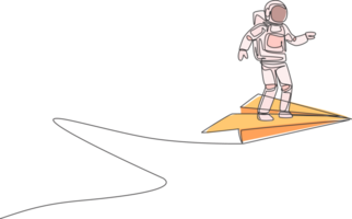 Single continuous line drawing of young astronaut standing steady still at flying paper plane on the sky. Cosmonaut outer space concept. Trendy one line draw graphic design illustration png