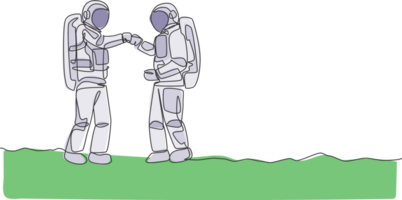 One continuous line drawing of young happy astronaut giving fist bump gesture to his friend in moon surface. Space man deep space concept. Dynamic single line draw design graphic illustration png