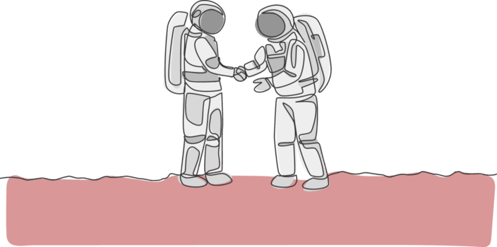 One single line drawing of two young happy astronauts giving handshake to deal project in moon surface graphic illustration. Cosmonaut outer space concept. Modern continuous line draw design png