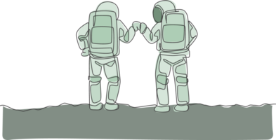 One continuous line drawing of two young happy astronauts giving fist bump gesture in moon surface, rear view. Space man deep space concept. Dynamic single line draw design graphic illustration png