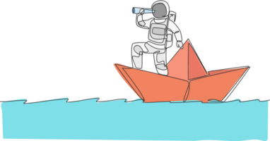 One single line drawing young astronaut look at forward using telescope while standing on paper boat in sea ocean graphic illustration. Cosmonaut deep space concept. Continuous line draw design png