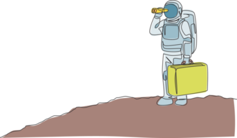 Single continuous line drawing of young astronaut holding suitcase and looking with binocular in moon surface. Space man cosmic galaxy concept. Trendy one line draw design graphic illustration png