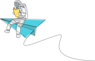 One continuous line drawing of young astronaut sitting on the edge of flying paper plane while reading a book. Cosmic galaxy space concept. Dynamic single line draw design graphic illustration png