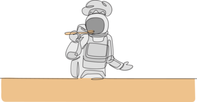 uno continuo línea dibujo de joven astronauta cocinero gusto sopa salsa mientras Cocinando plato para cena. sano cocina comida menú en restaurante concepto. dinámica soltero línea dibujar diseño ilustración png