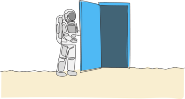 One continuous line drawing of young astronaut opening door gate into another dimension in moon surface. Cosmic galaxy space concept. Dynamic single line draw design graphic illustration png