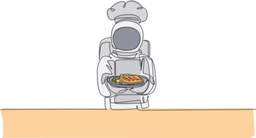 One single line drawing of young astronaut chef serving healthy steak cuisine food for cafe resto graphic illustration. Delicious space galaxy dish concept. Modern continuous line draw design png