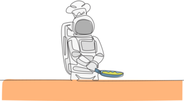 einer kontinuierlich Linie Zeichnung Astronaut Koch braten köstlich Gericht zum Abendessen mit Pfanne. gesund Küche Essen Speisekarte auf Raum Restaurant Konzept. dynamisch Single Linie zeichnen Grafik Design Illustration png