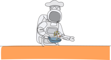 One single line drawing of young astronaut chef cooking healthy cuisine food for cafe resto using fry pan illustration. Delicious space galaxy dish concept. Modern continuous line draw design png