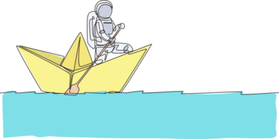 uno continuo linea disegno di giovane astronauta marinaio canottaggio carta barca nel mare oceano. cosmico galassia spazio concetto. dinamico singolo linea disegnare design grafico illustrazione png