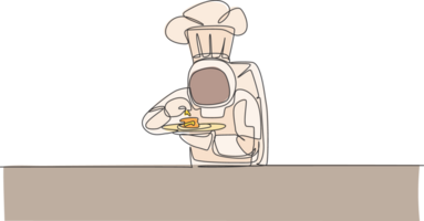 Single continuous line drawing of astronaut tasting delicious food before serving to customer in outer space cafe. Healthy restaurant cuisine concept. Trendy one line draw design illustration png