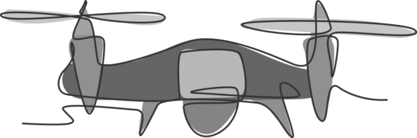 un continu ligne dessin de en volant drone avion, sans équipage avion. moderne gadget pour vidéographie concept. dynamique Célibataire ligne graphique dessiner conception illustration png