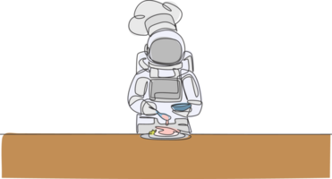 One continuous line drawing of young astronaut chef pouring seasoning into dish for serving dinner. Healthy cuisine food menu on restaurant concept. Dynamic single line draw design illustration png