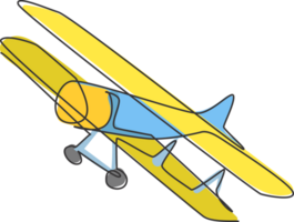 uno singolo linea disegno di Vintage ▾ biplano volante su il cielo illustrazione. aereo veicolo per guerra concetto. moderno continuo linea disegnare grafico design png