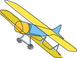 un Célibataire ligne dessin de ancien biplan en volant sur le ciel illustration. avion véhicule pour guerre concept. moderne continu ligne dessiner graphique conception png