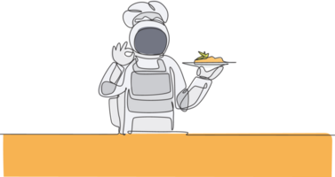 ett enda linje teckning av ung astronaut ger Okej hand gest för gott mat, Kafé restaurang illustration. utsökt Plats galax maträtt begrepp. modern kontinuerlig linje dra grafisk design png