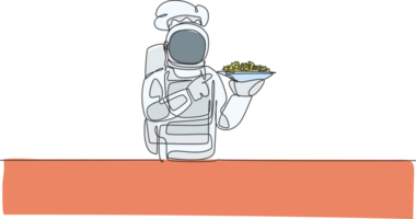 One single line drawing of young astronaut chef serving healthy salad cuisine food for cafe resto graphic illustration. Delicious space galaxy dish concept. Modern continuous line draw design png