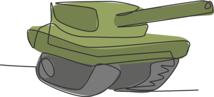 ett kontinuerlig linje teckning av metall krig tank med kanon pistol. transport fordon begrepp. dynamisk enda linje dra design grafisk illustration png