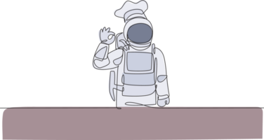 One single line drawing of young astronaut chef giving okay taste gesture for delicious food illustration. Delicious space galaxy dish concept. Modern continuous line draw design graphic png