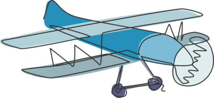 singolo continuo linea disegno di retrò biplano volante su il cielo. aereo veicolo per guerra concetto. di moda uno linea disegnare design grafico illustrazione png