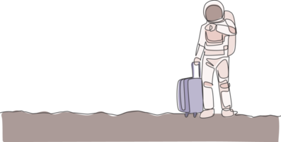 uno soltero línea dibujo astronauta mirando a su reloj de pulsera esperando para público transporte en Luna superficie gráfico ilustración. cosmonauta exterior espacio concepto. moderno continuo línea dibujar diseño png
