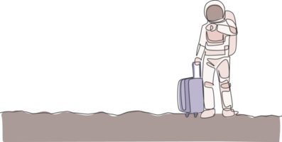 One single line drawing astronaut looking to his wristwatch waiting for public transport in moon surface graphic illustration. Cosmonaut outer space concept. Modern continuous line draw design png