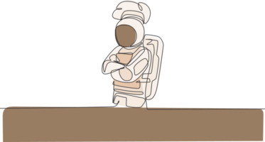 single doorlopend lijn tekening van astronaut chef kruis zijn handen Aan borst, houding elegant in buitenste ruimte cafe. gezond restaurant keuken concept. modieus een lijn trek ontwerp grafisch illustratie png